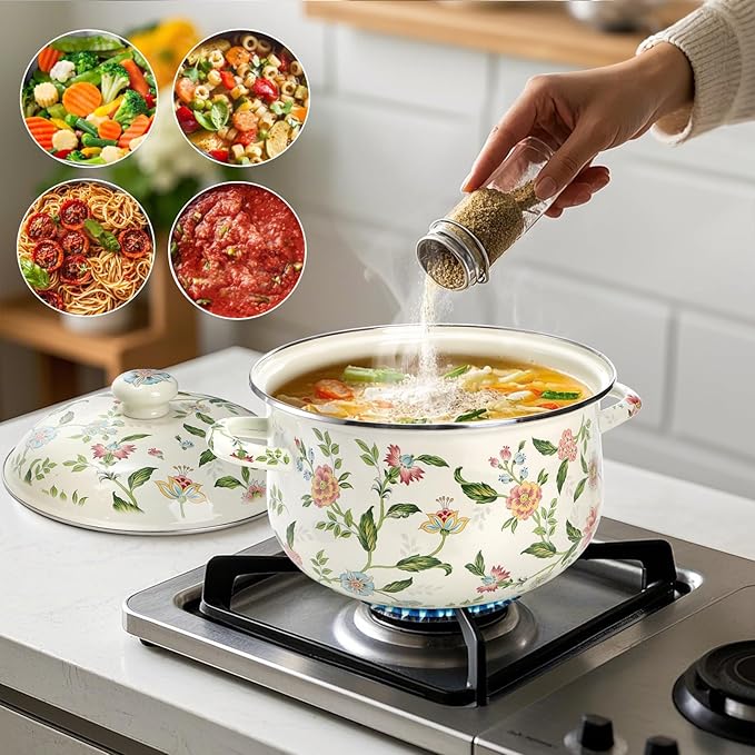 Jucoan 5 Quart Enamel Stockpot with Lid, Green Floral Enamelware Cooking Pot with Dual Handles for Stovetop, Large Soup Pot Potpourri Simmer Pot Gift for Housewarming Bridal Shower Christmas