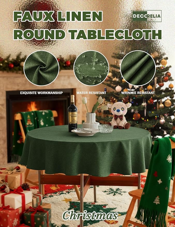 Waterproof Round Tablecloth for Round Dining Table, Decorative Rustic Wipeable Table Cloths Cover Indoor Outdoor Use for Holiday,Wedding, Kitchen (70 Inch,Round (4-6 Seats),Dark Green)