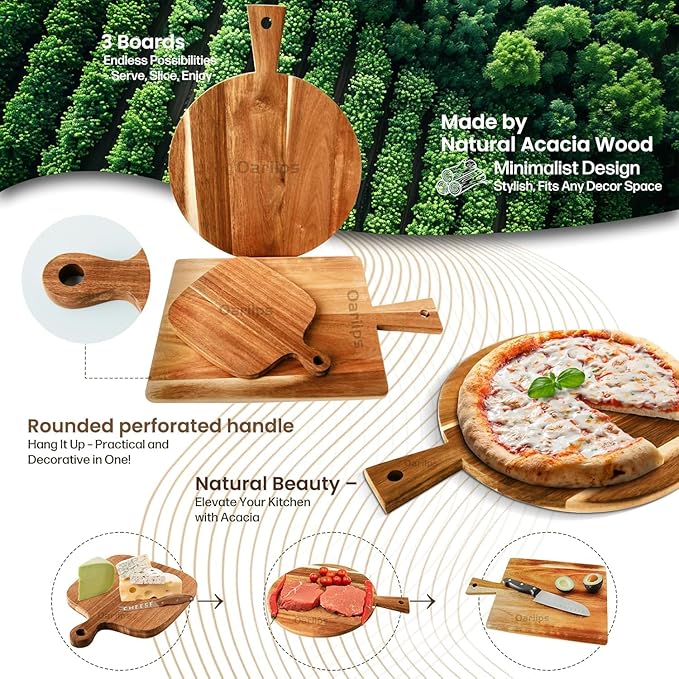 Acacia Wood Cutting Board Set of 3 with Handles – Round, Rectangular & Paddle Charcuterie Boards for Cheese, Meat, Pizza, Bread & Fruits