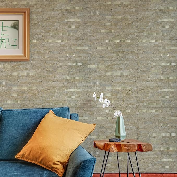 20 Sheets Peel and Stick Backsplash for Kitchen, Sandstone with Metal Gold Look Stick on Tile Upgrade Your Kitchen Backsplash, RV, Fireplace