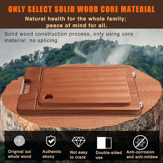 KASAFEI Ebony Kitchen Cutting Board, Wooden Chopping Board, Durable, Solid Wood, Suitable for Cutting Meat, Cheese, Vegetables, Fruit, Raw and Cooked Food, Grooved Tray with Handle [Set of 2]
