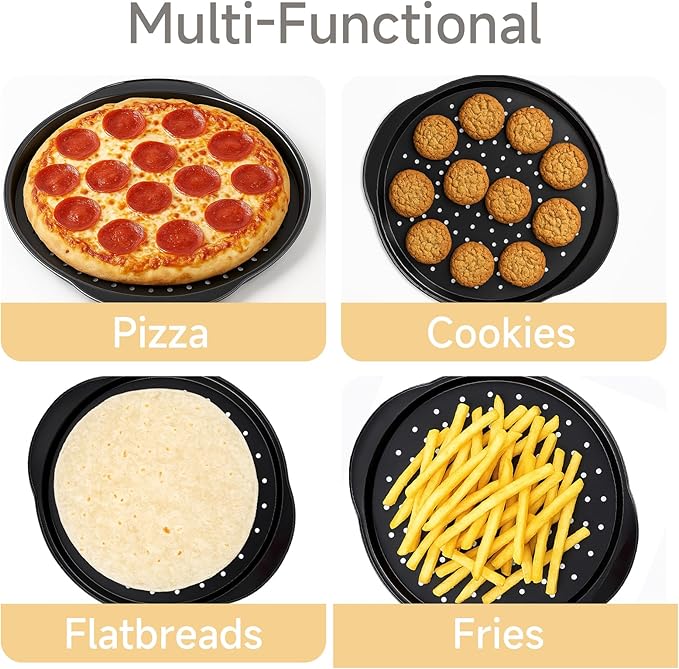 Arimagroup 2 Pack 13 Inch Pizza Pan for Oven,Round Carbon Steel Pizza Pan with Holes, Pizza Tray with 2 Silicone Gloves，for Baking, Grilling