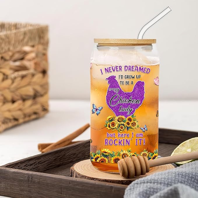 Chicken Gifts for Women 16 Oz Glass Cup with Lid and Straw Chickens Lady Coffee Mug Farm Animal Drinking Cups Mothers Day Birthday Christmas Gift Ideas for Farmer Mom Aunt Friends