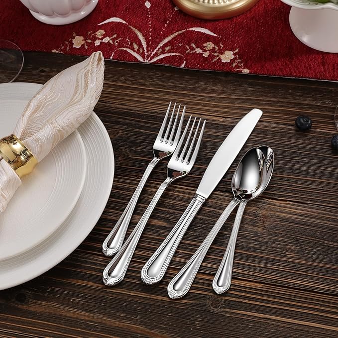 KEAWELL Pearl Edge 4-Piece Premium Dinner Knives: Stainless Steel Table Knives with a Refined Bead Design, Brightly Polished, 9.6 Inches, Dishwasher Safe. (Silver)