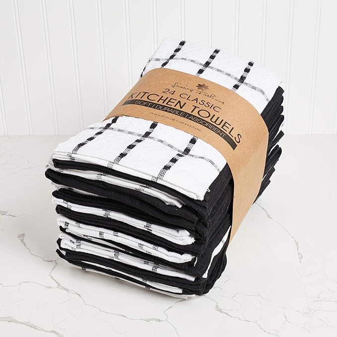 Kitchen Towels - Dish Towels and Dish Cloths - Hand Towel and Dishcloths Sets - 100% Soft Ring Spun Combed Cotton - Great for Cooking in Kitchen or Household Cleaning - Size 15" x 25" (Black, 24)