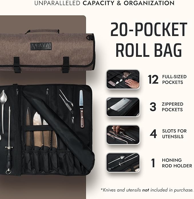 Asaya Chef Knife Roll Bag - 20 Total Pockets for Knives and Kitchen Utensils - Made with Stain Resistant Waxed Nylon - For Chefs and Culinary Students - Knives Not Included(Brown)