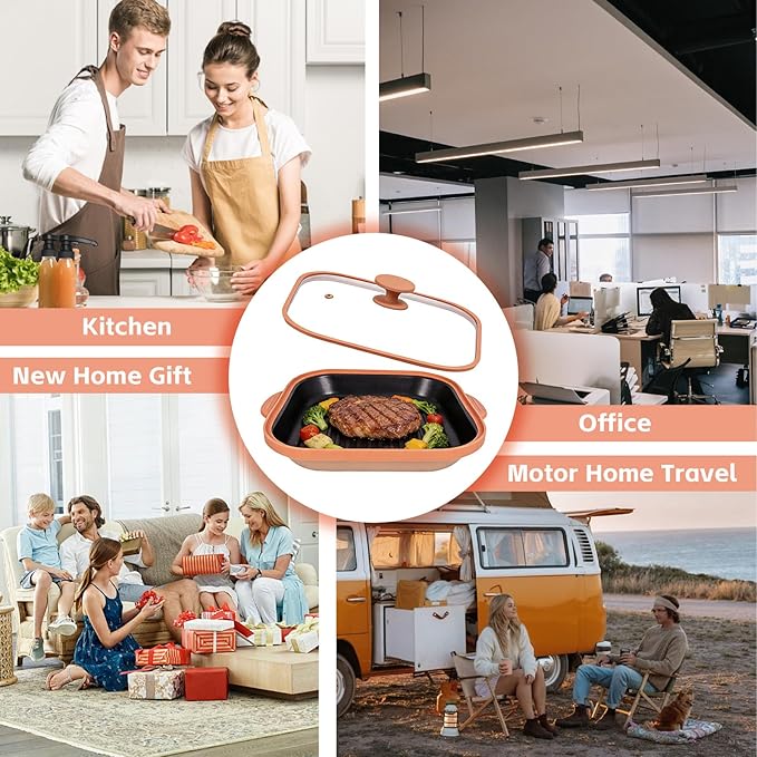 Microwave Grill Pan With Cover, Microwave Bacon Cooker, Portable Microwave Cookware For Grill Meat, Sandwich & Vegetable Dishwasher Safe (Square-Beige-Glass Lid)