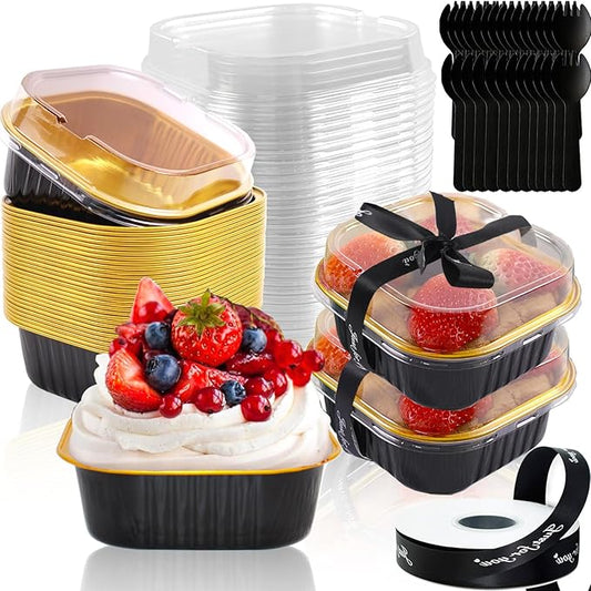 BZIDII 5oz Mini Cake Pans With Lids 50 Pack Aluminum Foil Square Brownie Baking Cups,Disposable Loaf Pans With Lids and Spoons Ribbon,Cupcake Pans Muffin Cake Tins Cake Container(Black)