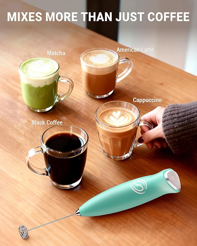 HeyLotie Milk Frother With Stand Handheld Frother Wand Drink Mixer Handheld Coffee Stirrers Electric Frother for Coffee Mixer Wand with 2 Whisk frother for protein powder-Aqua