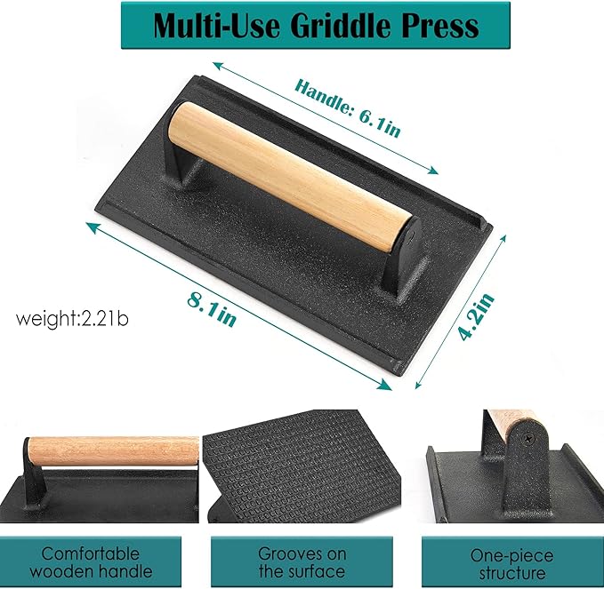 HaSteeL Melting Dome & Burger Press for Griddle, Stainless Steel 9In Basting Cover & Heavy Duty 8 x 4In Wooden Grill Press, Griddle Accessories Set Perfect for Flat Top Teppanyaki Cast Iron Outdoor