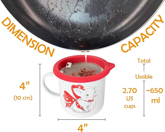 NobleEgg Bacon Grease Container with Strainer, 650 ml | 22 oz. Removable Silicone Ring Protector and Lid, Enamel Ceramic, Cute Piggy Farmhouse Decor