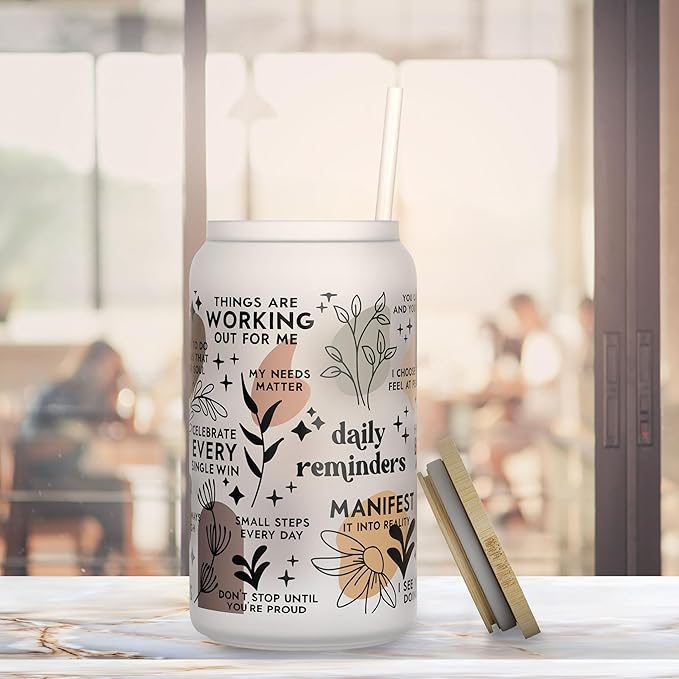 Daily Affirmation Iced Coffee Cup [Frosted], 16 oz Glass Cups with Bamboo Lids and Straws |Mason Jar Drinking & Glass Tumbler with Straw and Lid | Boba Cup, Beer Can for Mental Health