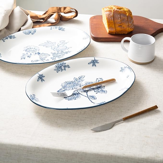 Ceramic Serving Platter, 13.7 Inch Large Oval Serving Trays, Dinner Plates, Dish Set for Dessert Appetizers Meat/Entertaining/Party, Blue and White, Set of 2