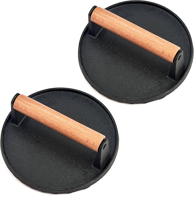 Smash Burger Press Set of 2, Leonyo 7 Inch Cast Iron Burger Press, Heavy-Duty Hamburger Smasher Tool Griddle Accessories Kit for Cooking Bacon Steak Sandwich, Outdoor BBQ Grill - Round