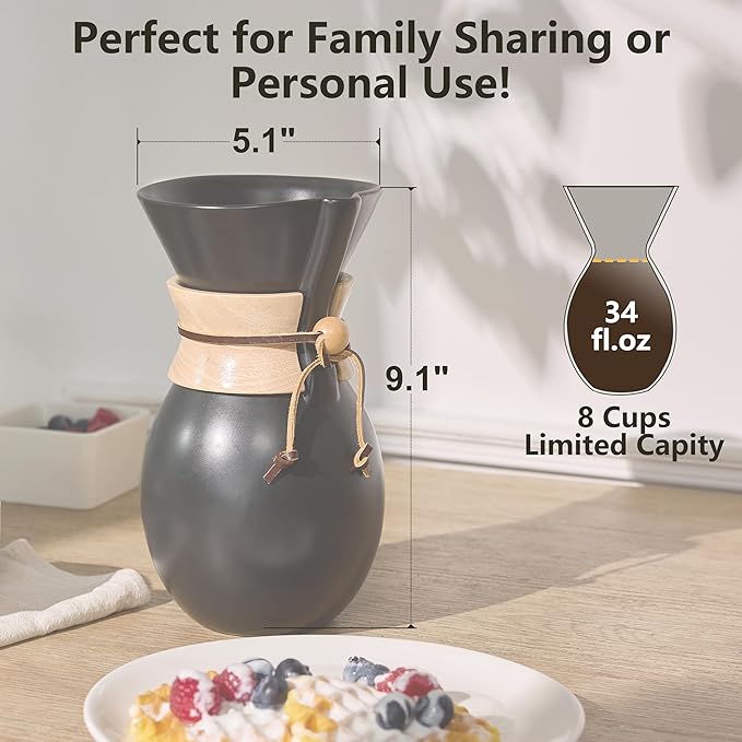 GAIAKALLON Ceramic Pour Over Coffee Maker with 20 pcs Paper Filter, 8-Cup, 34oz, Pour Over Coffee Dripper