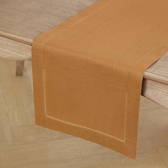 Solino Home Linen Brown Sugar Table Runner 132 Inches Long - 100% Pure Linen Extra Long Table Runner 14 x 132 Inch - Classic Hemstitch
