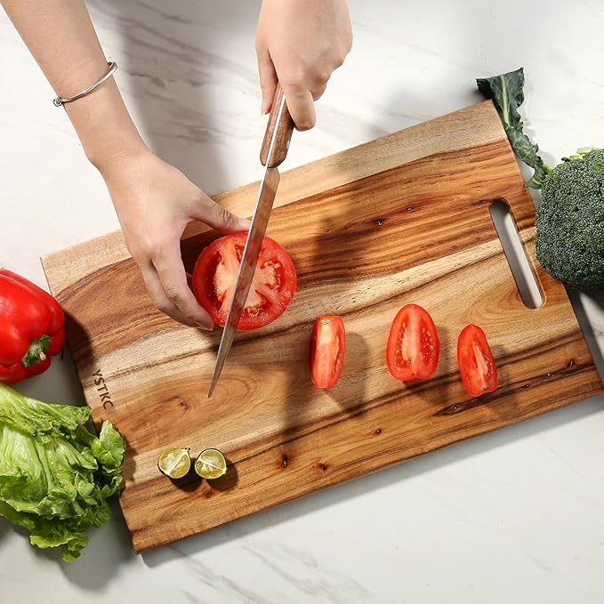 YSTKC Acacia Wood Cutting Board with Hand Grip 15" x 9.5" Inch, Wooden Reversible Chopping Board with Handle for Kitchen Meal Prep Serving, Chopping, Carving Meat, Fruits, Vegetables, Charcuterie