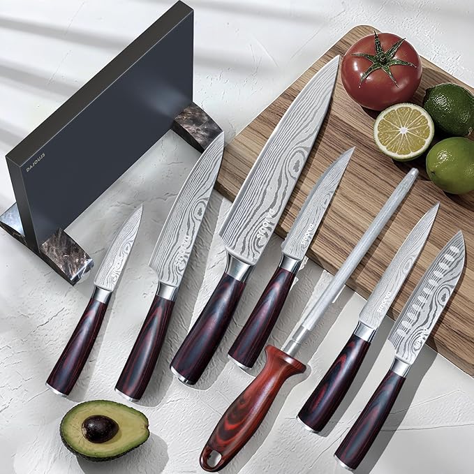 Black Knife Set With Block - 8 Pieces High Carbon Stainless Steel Magnetic Knife Set with Sharpener, Ultra Sharp Kitchen Knives Sets for Cooking with Ergonomic Handle