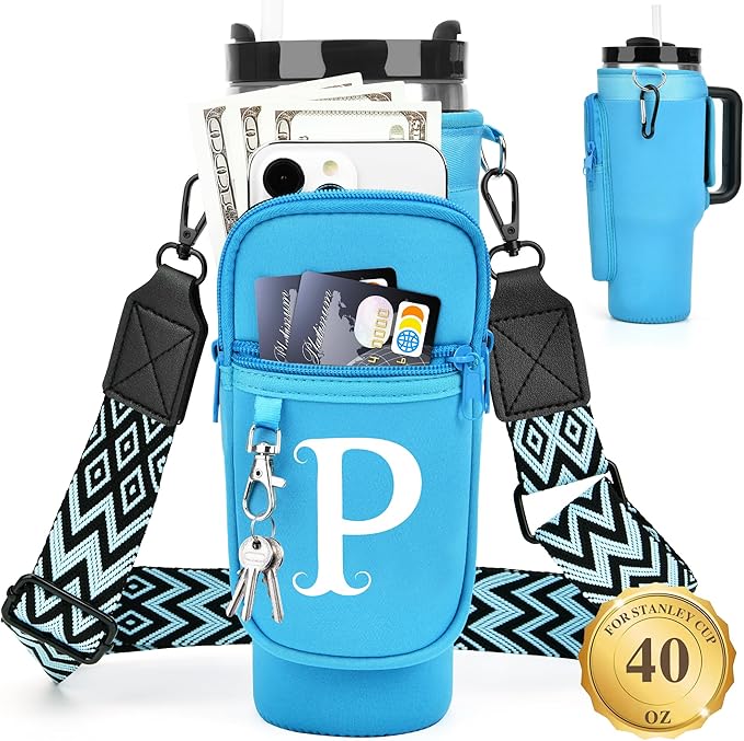 LOKASS Personalized Water Bottle Holder with Strap for Stanley Cup Accessories 40 oz Tumbler, Initial Water Bottle Carrier Bag/Phone Pocket, Mother's Day/Birthday Gifts for Women/Girls