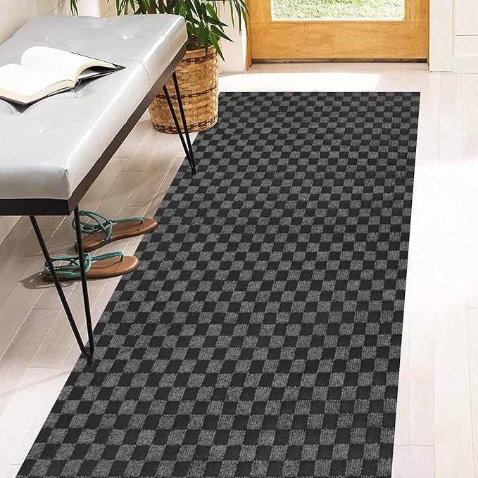 4' x 12' Runner Rugs with Rubber Backing, Indoor Outdoor Utility Carpet Runner Rugs, Checkered Gray, Can Be Used as Aisle for The RV and Boat, Laundry Room and Balcony