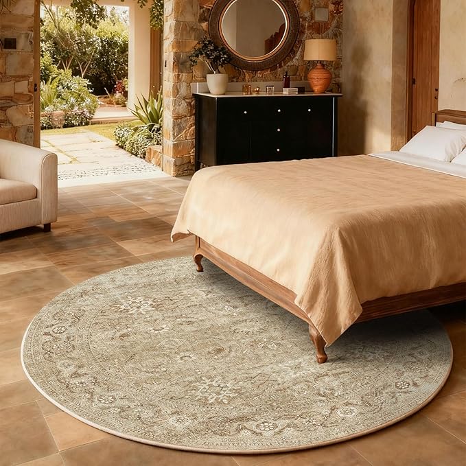 4x4 Round Bedroom Rug Washable: Round Area Rug Stain Resistant Boho Rug Non Slip Low Pile Small Carpet for Living Room Bedroom Kitchen Entryway Bedside Office Dorm Kids Room Entrance