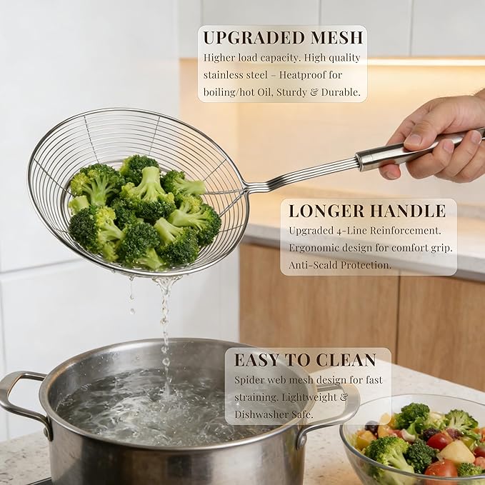Fine Mesh Strainer & Spider Skimmer Spoon Set of 3, Stainless Steel Kitchen Utensils for Frying, Soup & Pasta (5.5”+6.3”+7.9”)