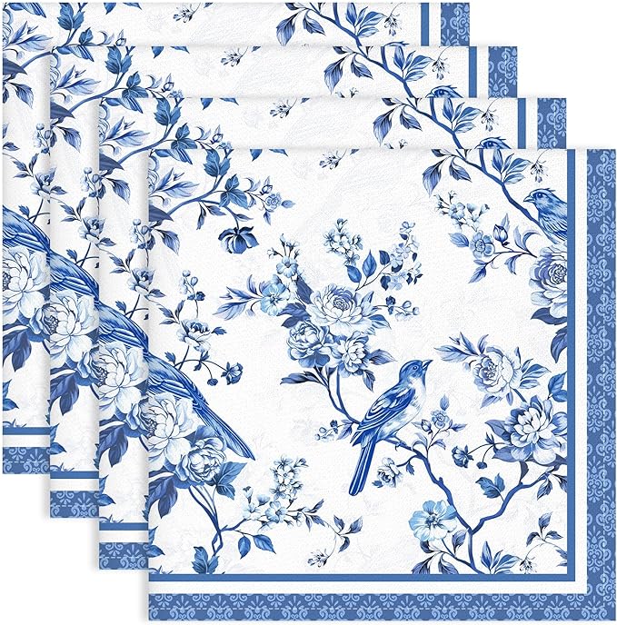 Bird Flower Napkins, 18×18 Inch Blue Branch Dinner Cloth Napkins Set of 4, Washable Cotton Soft Absorbent Square Napkins for Dining Kitchen Party Wedding Decoration