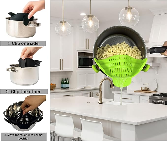 Clip on Strainer Silicone for All Pots and Pans, Colander, Pot Strainer for Pasta, Meat, Vegetables, Space Saving Design, Food-Safe w/Collapsible Funnel, Garlic Peeler, 3 Pack(Lime Green)