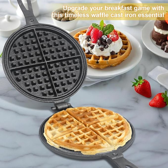Cast Iron Waffle Maker - 8 inch Round Stovetop Waffle Iron, Two Piece Hinged Non-Electric, Quick Heating, Easy Clean