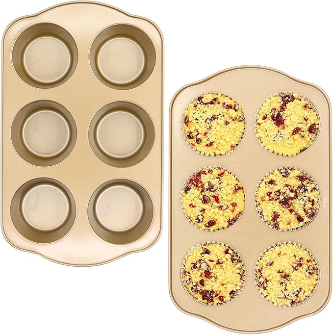 JOHO BAKING Jumbo Muffin Pan 2 Pack, Nonstick Large Cupcake Pan 6 Cup, Heavy Duty 0.5mm Thick Steel Big Muffin Tins for Baking, 3.5inch Dia, Gold