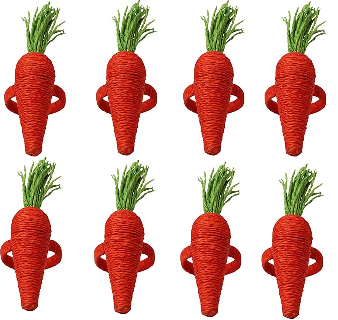 COTTON CRAFT Easter Napkin Rings - Set of 8 Carrot-Shaped Napkin Rings - Seagrass and Metal Napkin Ring - Easter Napkin Holder - Spring Summer Party - Unique Gift - Table Décor - Orange Green
