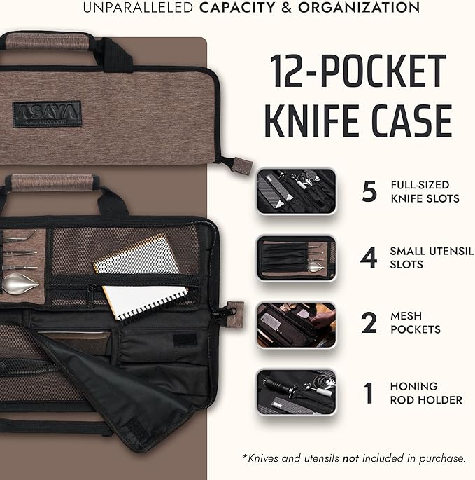 Asaya Chef Knife Roll Bag - 12 Pockets for Knives and Kitchen Utensils - Lightweight, Durable, and Stain Resistant Nylon - Perfect for the Traveling Chef - Knives not Included
