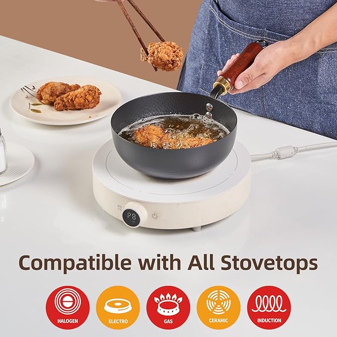 VIVIDCOOKWARE 7.8 Inch Small Wok, Cold-Forged Iron Pot with Wooden Lid & Handle, 1.6 QT Sauce Pan for 1-2 Servings, Multipurpose Flat Bottom Wok for Stir-Fry, Pasta & Soup, Induction Compatible