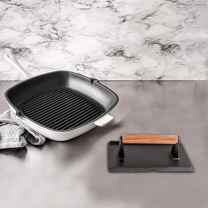 Berghoff Neo 2Pc Enameled Cast Iron Grill Set, Grill Pan 11 inches, Bacon/Steak Press 8 inches, Fast, Evenly Heat, Oven safe (White)