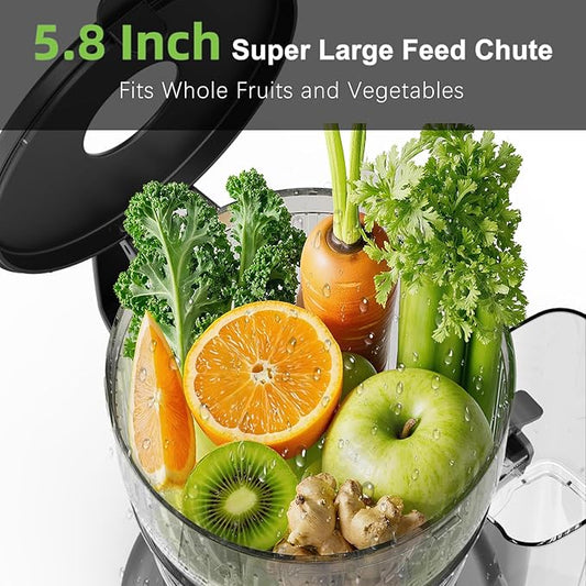 CKEMU Cold Press Juicer – 5.8" Extra-Wide Feed Chute | Max Nutrient Retention | Slow Masticating Juicer for Whole Fruits & Vegetables