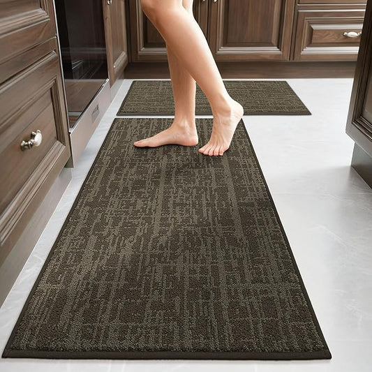COSY HOMEER Kitchen Rugs 20"x32"+20"x48",Absorbent Soft Kitchen Mats for Floor,Non Slip Kitchen Runner Rug,Washable Kitchen Floor Mats for Sink Mat,Hallway,Laundry,Brown