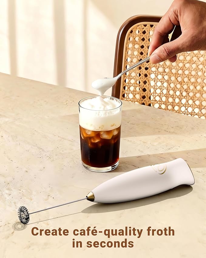 HeyLotie Milk Frother Handheld Frother Wand Drink Mixer Handheld Coffee Stirrers Electric Frother for Coffee Mixer Wand with 2 Whisk frother for protein powder coffee frother handheld-White/Gold
