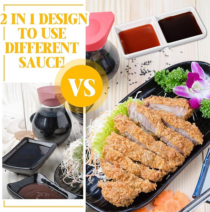 Gejoy 12 Pcs Dual Dipping Sauce Bowls Soy Sauce Dish Bowls Two Compartments Party Trays Divided Fondue Plates for Restaurant Kitchen Sushi Soy (White)