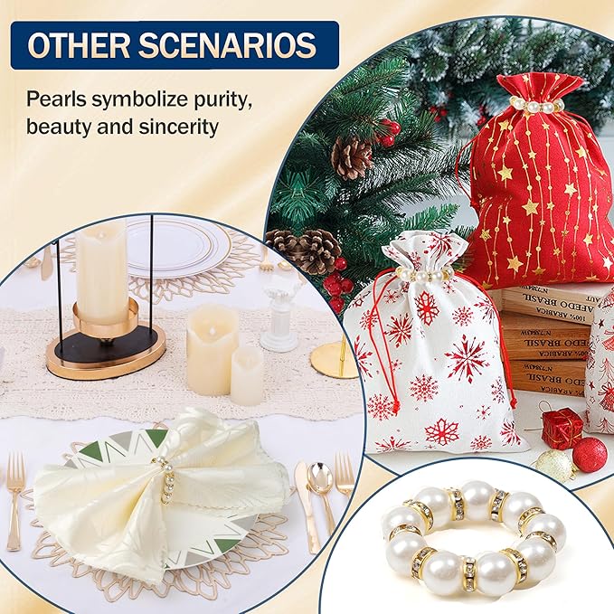 Gold Napkin Rings 20Pcs, Imitation Pearl Napkin Rings Napkin Holder, Elegant Rhinestone Gold Beaded Serviette Buckles for Weddings, Party Supplies & Fancy Table Decor (White and Gold, 20Pcs)