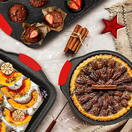Slow Slog 11-Piece Nonstick Stackable Baking Pans Set, Toxin-Free Bakeware Sets, Baking Pan Set with Silicone Handles, Includes Cookie Sheets, Loaf Pan, Pizza Pan, Muffin Pan, Red&Black