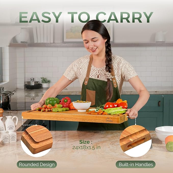Howizz Acacia Wood Large Cutting Board, Thick Edge Grain Solid Wood Butcher Block For Kitchen, Non Toxic Pre-Oiled Carving Tray w/Juice Grooves and Easy Grip Handle, 24"x18" Thick 1.5" Gift-Ready Box