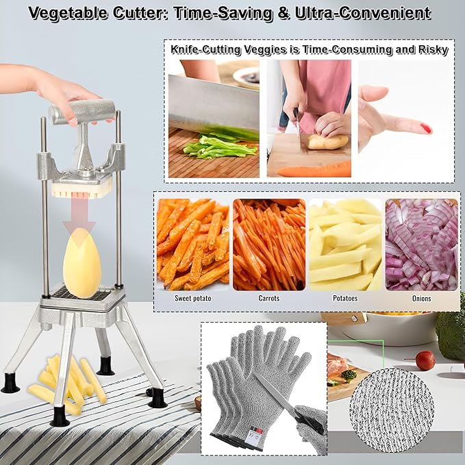 CTJ Commercial Vegetable Chopper & French Fry Cutter with (1/4" 3/8" 1/2") Replacement Blades Stainless Steel Veggie - Home Kitchen or Restaurant Use for Tomato Peppers Potato