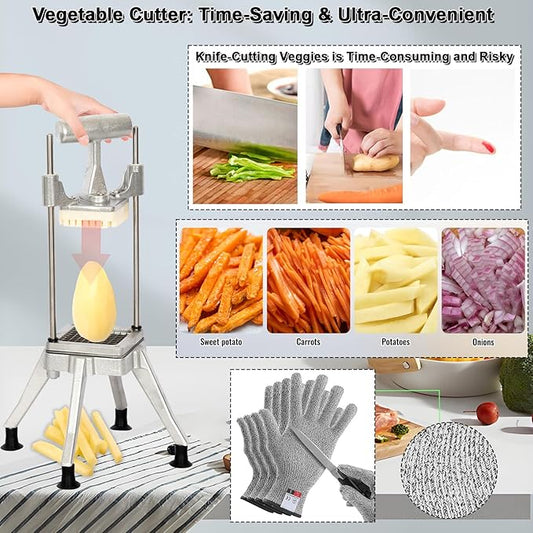CTJ Commercial Vegetable Chopper & French Fry Cutter with (1/4" 3/8" 1/2") Replacement Blades Stainless Steel Veggie - Home Kitchen or Restaurant Use for Tomato Peppers Potato