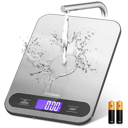 Atogou Food Scale, 33lb/ 15kg Digital Kitchen Scale with Full View LCD Display, Durable Stainless Steel Surface, for Cooking, Baking, Meal Prep Black&Grey