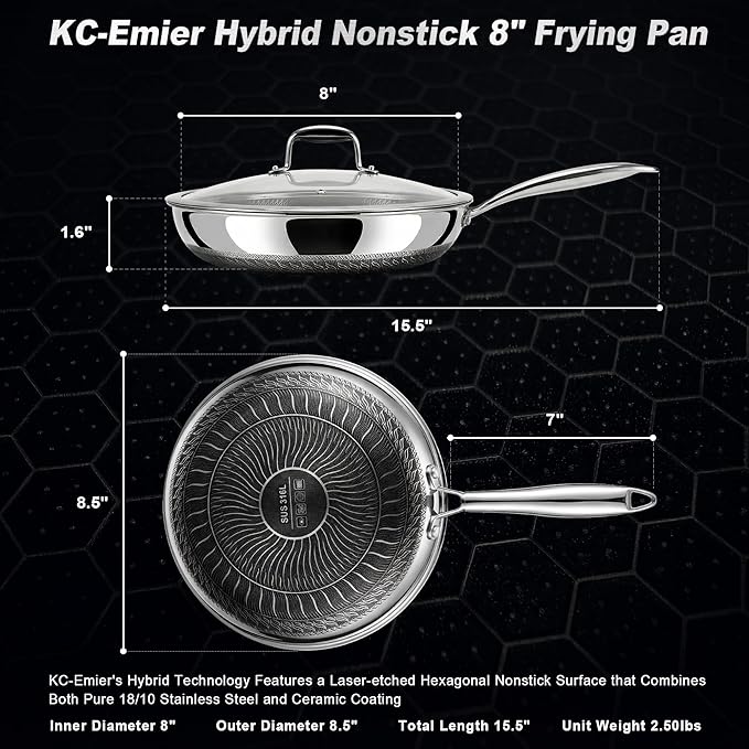 KC-Emier 8 Inch Non-Stick Frying Pan with Lid Tri-Ply Stainless Steel Pan with Stay-Cool Handle Oven & Dishwasher Safe For Induction, Ceramic & Gas Stovetops