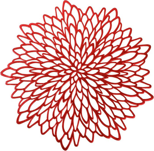 Snowkingdom 12 Pack Red Placemats Metallic Shiny Pressed Vinyl Dining Mats Round Leaf Floral Table Decoration for Halloween Mother's Day Christmas Valentine's Day Weddings Holiday Celebrations