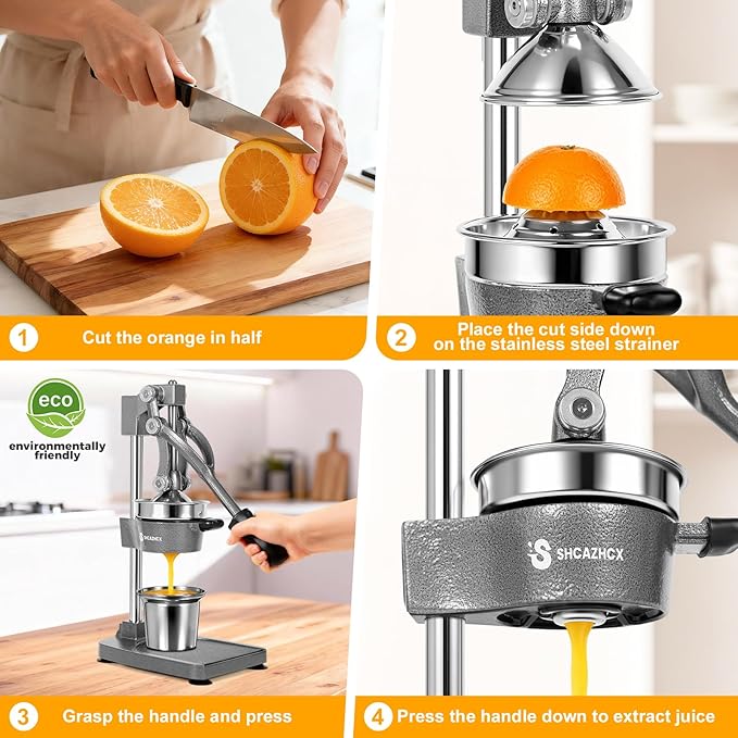 Cast-Iron Hand Press Citrus Juicer, Heavy-Duty Fruit Squeezer with Stainless Steel Cup, Easy-to-Clean Manual Citrus Press for Orange, Lemon, Lime, Grapefruit & Pomegranate (Silver)