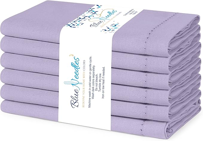 Blue Needles Set of 6 Hemstitch Linen Napkins 100% Cotton Lavender Cloth Dinner Napkins 18x18 inches, Soft, Reusable, Absorbent, Washable, Ideal for Wedding Events, Parties & Everyday Use