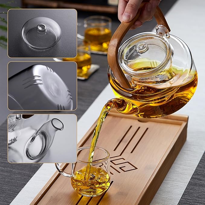 Glass Tea Pot with Infuser and Lid 800ML/27 FL OZ, Heat Resistant Borosilicate Glass Tea Kettle for Blooming and Loose Leaf Tea, Stovetop Safe