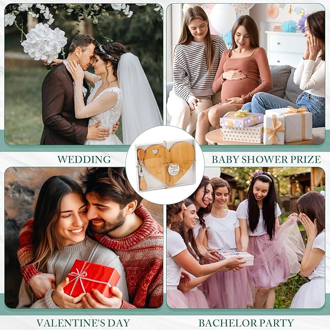 Patelai 4 Set Bridal Baby Shower Favor Heart Cheese Board with Knife, Wood Mini Charcuterie Board Thank You Gift Box for Guest Bridal Baby Shower Prize Wedding Valentines Birthday (Bamboo Color)